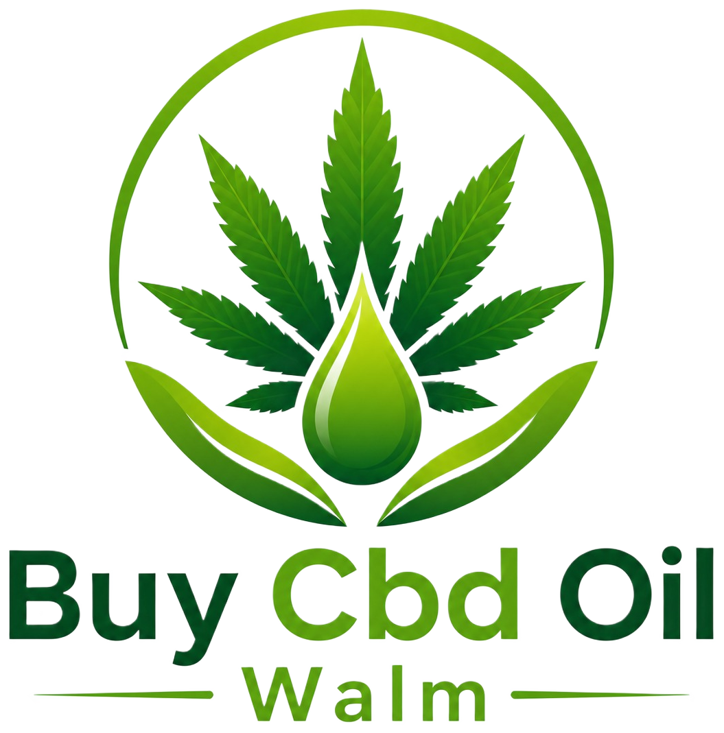 Buy CBD Oil Walm logo with cannabis leaf, green oil drop, and curved leaves inside a circle